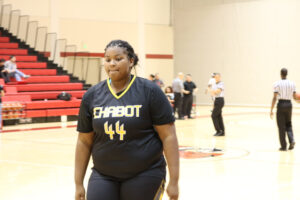 Center Ferrynn Steen walks back to the locker room after a tuff