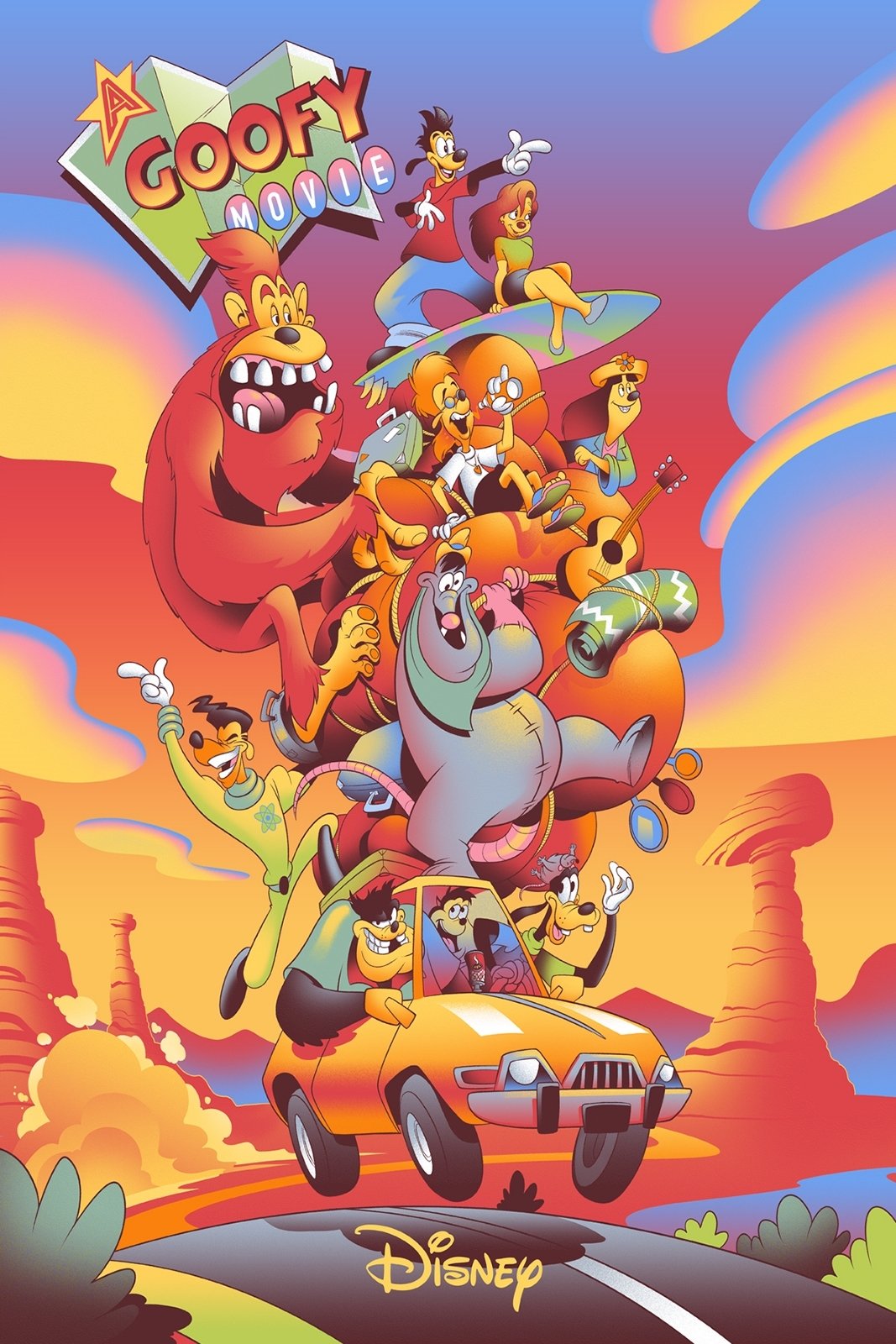 A colorful illustrated poster for A Goofy Movie, a Disney animated film. The poster features Goofy and his son Max driving a small orange car through a surreal, cartoonish desert landscape. The car is overloaded with animated characters, musical instruments, camping gear, and even Bigfoot, all stacked on top in a chaotic, whimsical pile. Max is sitting on the roof, and Goofy is at the wheel, waving. The background is filled with vibrant orange, pink, and blue sky hues, with stylized rock formations and clouds. The title “A Goofy Movie” is prominently displayed at the top left corner.