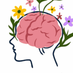 A human head with their brain growing flowers and plants