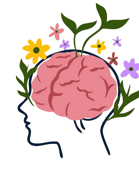 A human head with their brain growing flowers and plants