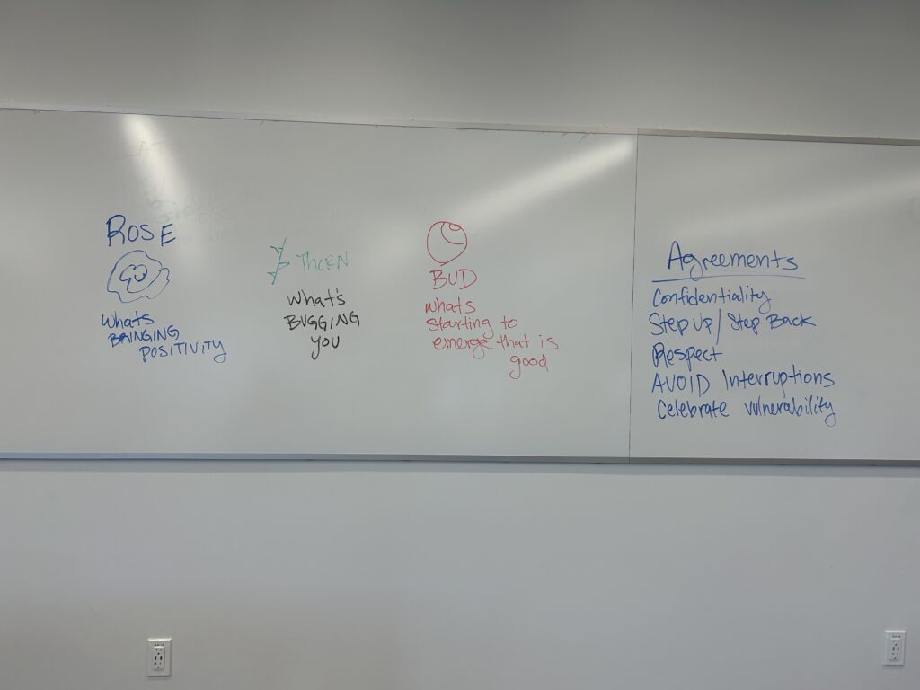 A whiteboard with rose, thorn, and bud questions and agreements for the support group
