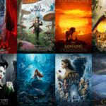 Live action remakes movie covers of Aladdin, Mulan, Alice in Wonderland, Lion King, Snow White, The Jungle Book, Maleficent, The little Mermaid, Beauty and the Beast, and Cinderella