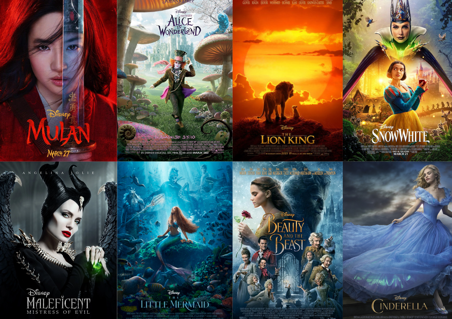 Live action remakes movie covers of Aladdin, Mulan, Alice in Wonderland, Lion King, Snow White, The Jungle Book, Maleficent, The little Mermaid, Beauty and the Beast, and Cinderella