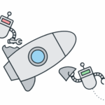 A simple cartoon illustration of a gray rocket being repaired by two small robots. One robot on the left holds a wrench, and the other on the right holds a cloth or panel. The rocket has a blue circular window, and the background is white.