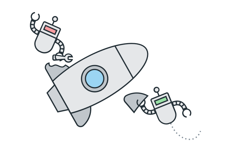 A simple cartoon illustration of a gray rocket being repaired by two small robots. One robot on the left holds a wrench, and the other on the right holds a cloth or panel. The rocket has a blue circular window, and the background is white.