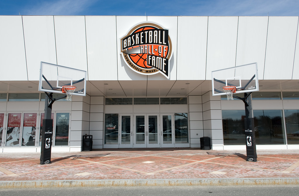 Outside the Basketball Hall of Fame in Dayton, Ohio. Two basketball hoops in front of the enterance into the building