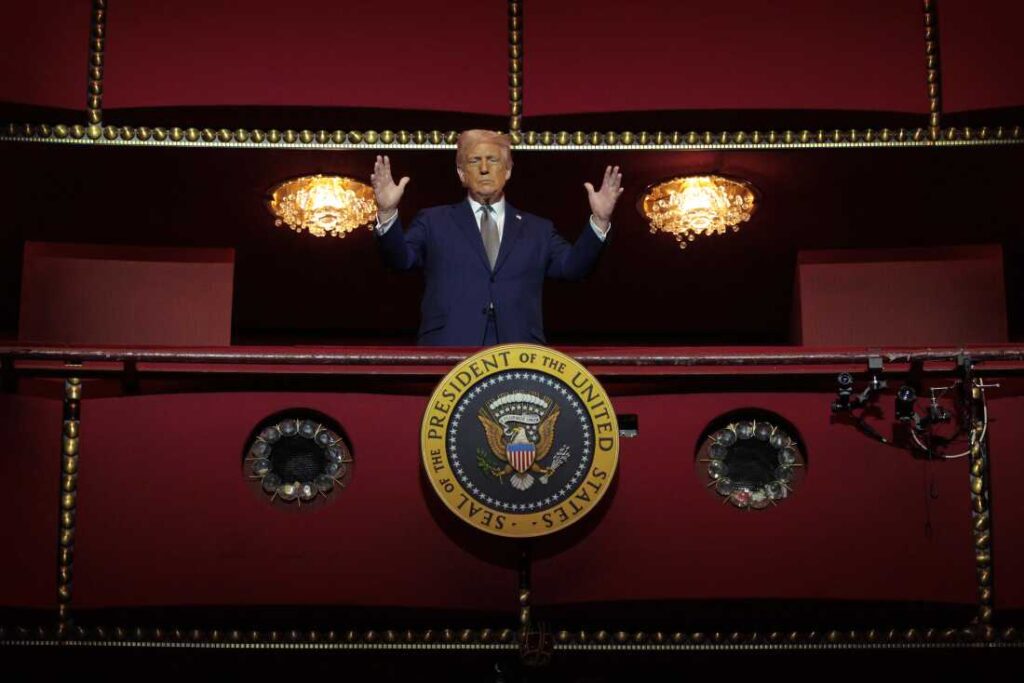President Trump looking down from his presidential box at the John F. Kennedy Center