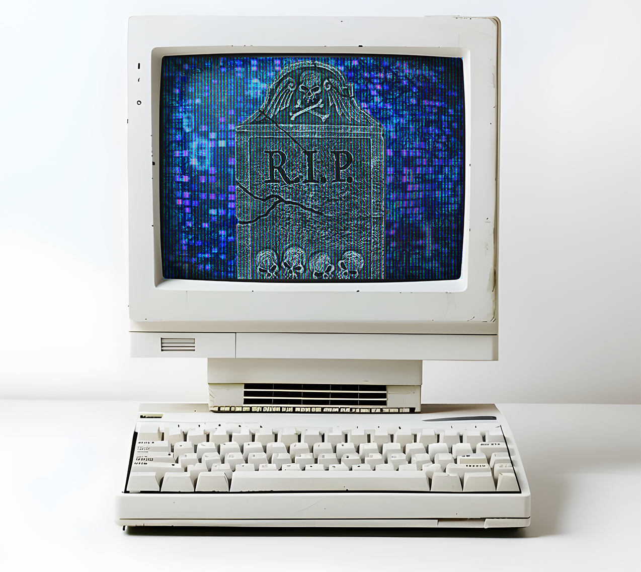 A vintage beige desktop computer with a CRT monitor and keyboard sits against a white background; the screen displays blue static with a stylized tombstone graphic labeled “RIP,” giving the image a glitchy, retro-tech feel.
