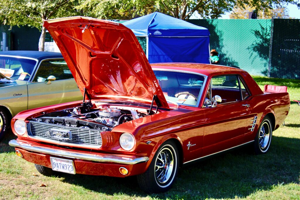 car sitting on field with hood open
